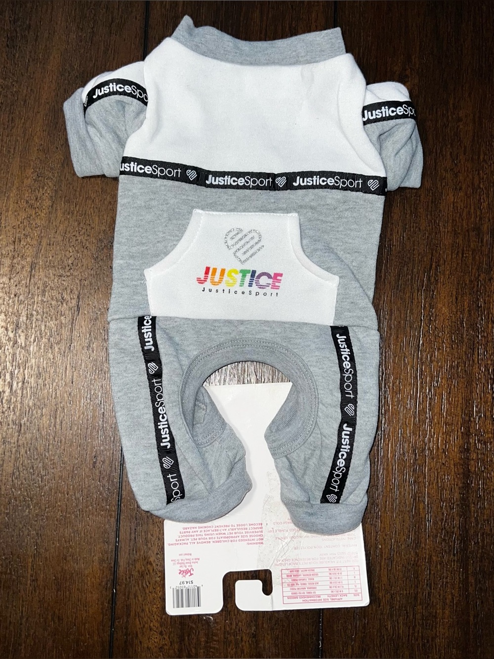 Justice Gray & White Sporty Dog One-Piece Bodysuit with Rainbow Logo XS